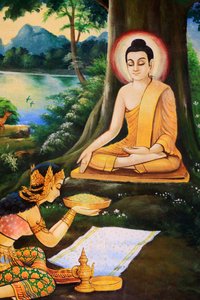 O Ascetic Buda foi oferecido uma tigela de arroz com leite na manhã do seu Iluminismo por Nandabala. Pintura retratando a história de vida de Shakyamuni Buda. Wat Ong Teu Mahawihan. Templo da Bouddha Pesada. Ventiane. Laos, 20151028, Vientiane, Laos. de Unbekannt