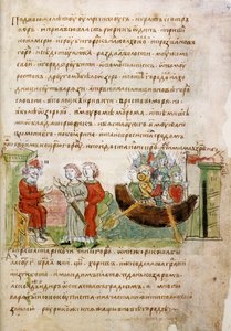 Askold e Dir pediram permissão de Rurik para ir a Constantinopla da Crônica de Radziwill, século XV de Unbekannt