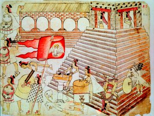 Guerreiros astecas defendendo o templo de Tenochtitlan contra os conquistadores, 1519-1521 de Unbekannt