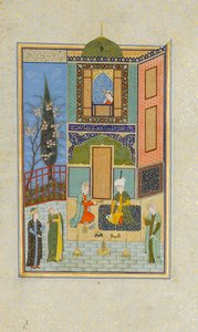 Bahram Gur no Palácio Verde na segunda-feira, Folio de um Quinteto Khamsa de Nizami, A.H. 931A.D. 152 de Unbekannt