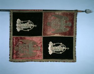 Banner com um braço real esquartejado da Espanha e Madonna e criança, 1500s. de Unbekannt