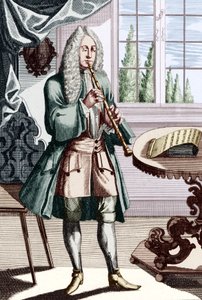Legenda do músico oboé barroco - Homem tocando hautboy (ou hautbois) que é oboé precoce Gravado por J C Weigel (1661-1726) do Musikalisches Theatrum. de Unbekannt