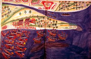 Batalha entre muçulmanos e portugueses em Surat, Gujarat, perto de Bombaim, Índia, século XVI de Unbekannt