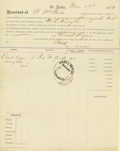 Conhecimento de embarque, barco a vapor M[ary] E. Forsyth, Sunnyside, Arkansas, 1 de novembro de 1864 de Unbekannt