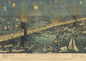 Vista panorâmica da Great New York e Brooklyn Bridge, e Grande Exibição de Fogos de Artifício ..., 1883. de Unbekannt