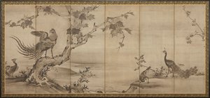 Pássaros, flores e árvores: ao fundo, bambus, período Momoyama, 1568-1615. de Unbekannt