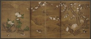 Pássaros, flores das estações e gatos-almiscarados, período Muromachi ou Momoyama, século XVI. de Unbekannt