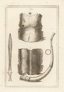 Placa de peito e contra-peça da antiga cuirass romana 1,2, lituus romanos ou trombeta militar 3 e espada de latão antiga 4 de Unbekannt
