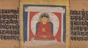 Buda entronizado em um santuário, folha de ... Pancavimsatisahasrika Prajnaparamita ..., ca. 1090 de Unbekannt