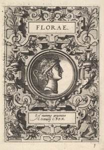 Busto de Florae rodeado de tiras, da série Deorum dearumque, um conjunto de imagens ..., 1573. de Unbekannt