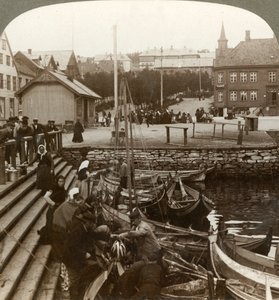 Compra de peixes em um movimentado porto comercial do Ártico, Tromsoe 69 ° 38 N. Lat., Norte da Noruega, 1902. de Unbekannt