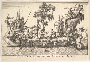 Calais e Zetes liderados por Boreas e Oreithyia Calai e Zeti condotti da Borea et Oritia, w..., 1664 de Unbekannt