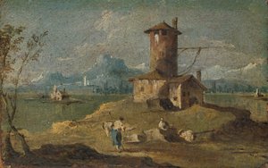Capriccio com ilha, torre e casas, do século XVIII. de Unbekannt