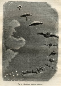 Metamorfose Celestial: O sonho de uma jovem que contempla a lua, que se transforma num cogumelo, guarda-chuva, morcego... e finalmente num tanque do Grande Urso (último desenho de Jean-Isidore Gerard, dit J.J. Grandville de Unbekannt