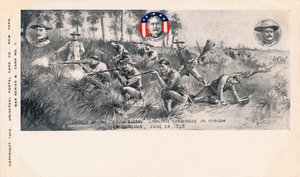 Carga dos cavaleiros violentos contra os espanhóis em Emboscada, La Quasina, 24 de junho de 1898, c1900 de Unbekannt