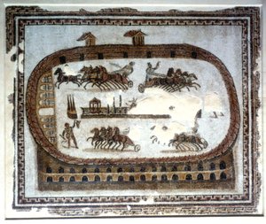 Corrida de carruagens na arena, mosaico romano, século II de Unbekannt