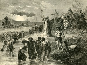 Carlos Magno fazendo com que os saxões fossem batizados no Weser, 782AD. 1890 de Unbekannt