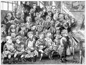 Crianças esperando a sopa na hora do jantar, London Board School, Dinamarca Terrace, Islington, 1889 de Unbekannt