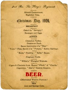 Menu do dia de Natal, 2º Batalhão do Regimento dos Reis, Iraque, 1926 de Unbekannt