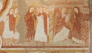 Igreja (Église Saint-Martin). Interior. Quadros de parede (fresco). Parede oeste da nave. Pormenor. Acusação e Anunciação da Virgem. Século XII. de Unbekannt