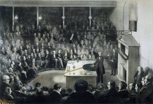Palestra do físico Michael Faraday (1791-1867) na Instituição Real em Londres, em 27 de Dezembro de 1855, na presença do Príncipe Alberto de Saxónia-Coburgo-Gotha de Unbekannt