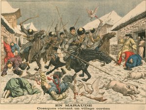 Cossacos aterrorizando uma vila coreana, Guerra Russo-Japonesa, 1904 de Unbekannt