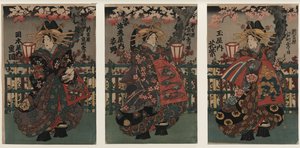 Cortesas Shigeoka, Sugatano e Hanamurasaki. Tríptico. Da série As belezas do Yoshiw de Unbekannt