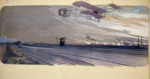 Início da aviação : Louis Paulhan (1884-1963) sobrevoando uma linha férrea em seu biplano durante a corrida de 300 km em linha reta Londres/Manchester nos dias 27 e 28 de abril de 1910 de Unbekannt