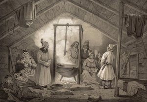 O interior de uma casa de campo de um agricultor na Finlândia. Ilustração retirada do livro Norge fremstillet i Tegninger av Asbjørnsen, P.Chr. og utgitt av Chr. Tønsberg (no, 1848)
O Sami vestido de domingo em casa de um ano. "As cabanas de madeira (...) de Unbekannt