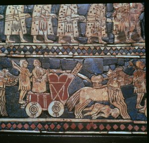 Detalhe do Padrão de Ur, mostrando uma carruagem de guerra suméria, sul do Iraque, cerca de 2600-2400 aC de Unbekannt
