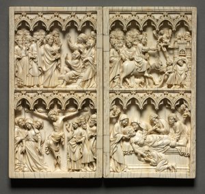 Díptico com cenas da esquerda de Vida de Cristo: Levantamento de Lázaro e Crucificação, c. 135 de Unbekannt
