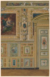 Desenho, Seção de uma parede mostrando grupos de painéis pintados, Câmara Oval, Salão Luís XIV, Palácio de Fontainebleau, França de Unbekannt