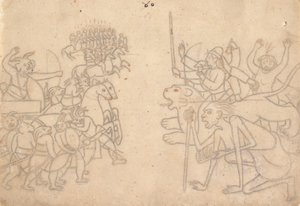 Durga e Kali aproximam-se dos exércitos reunidos de Chanda e Munda... o Devi Mahatmya , c.1780. de Unbekannt