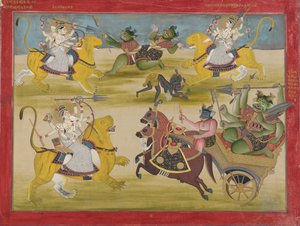Durga lutando contra o Shunga e Nishunga do Rakshasa, de um Devi Mahatmya, meados do século XIX. de Unbekannt