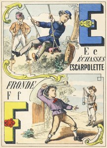 E F : palafitas, escarpolette, estilingue - Jogos Alfabeto, c.1890 (ilustração) de Unbekannt