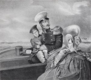 Imperador Nicolau I e Imperatriz Alexandra Fyodorovna com o filho Konstantin Nikolaevich em uma viagem de barco, de Unbekannt