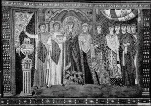 Imperatriz Teodora e membros de sua corte, bizantina, original do início do século 20 datada do séc. de Unbekannt