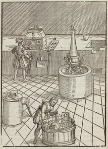 Equipamento e análise de minérios de ouro e prata - Gravura a partir da descrição dos minérios e principais métodos de mineração, por Lazarus Ecker de Unbekannt