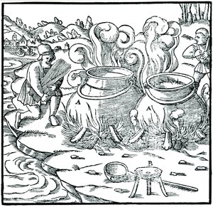 Evaporação da água do mar em panelas de ferro para obter sal, 1556 de Unbekannt
