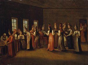Festa de véspera do casamento em uma casa dos comerciantes, primeiro quartel do século XIX de Unbekannt