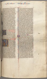 Fol. 251 r, Sabedoria, D inicial historiada, Salomão instruindo um soldado, c. 1275-1300. de Unbekannt