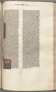 Fol. 353r, Joel, V historiado inicial, Joel sentado com um pergaminho, busto de Deus acima, c. 1275-1300. de Unbekannt