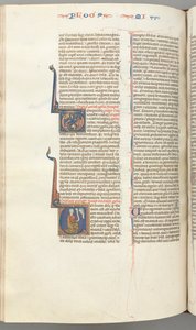 Fol. 358v, Miquéias, V inicial historiada, Miquéias ajoelhado, busto de Deus acima, c. 1275-1300. de Unbekannt