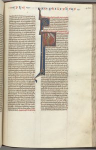 Fol. 452r, Filipenses, historiador inicial P, Paulo em pé com uma espada e um pergaminho, conversando com t de Unbekannt