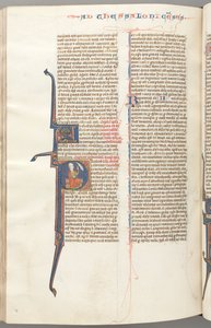 Fol. 455v, Tessalonicenses II, P inicial historiado, Paulo sentado com uma espada ..., c. 1275-1300. de Unbekannt