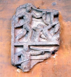 Fragmento de um relevo romano mostrando gladiadores lutando de Unbekannt