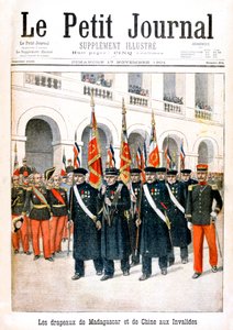 Veteranos de guerra franceses carregando bandeiras das campanhas de Madagascar e China, 1901 de Unbekannt