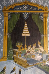 Fresco retratando uma cena da vida do Buda em Wat Phra Doi Suthep, Chiang Mai. O jovem Buda como um príncipe. Tailândia de Unbekannt