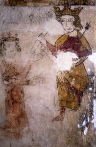 Fresco da Torre Ferrande em Pernes-les-Fontaines (Pernes les Fontaines, Vaucluse (84)) a partir do século XIII: Carlos I de Anjou (1227-1285) para quem é trazido o corpo de Manfred I da Sicília ou Hohenstaufen (ca. 1232-1266). de Unbekannt