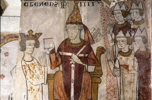 Fresco da Torre Ferrande em Pernes-les-Fontaines (Pernes les Fontaines, Vaucluse (84)) a partir do século XIII: Carlos I de Anjou (1226-1285) foi investido no Reino da Sicília em 28/06/1265 pelo Papa Clemente IV (v. 1195-1268). de Unbekannt
